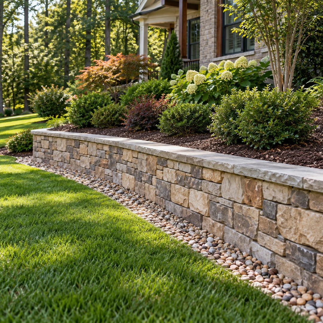 Finished garden wall with mulched shrubs and lawn
