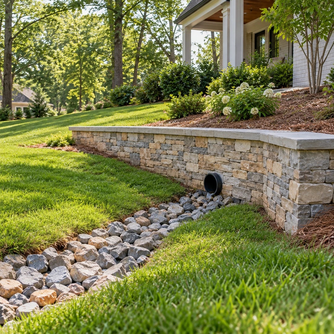 Retaining wall outlet above a rock protected receiving swale