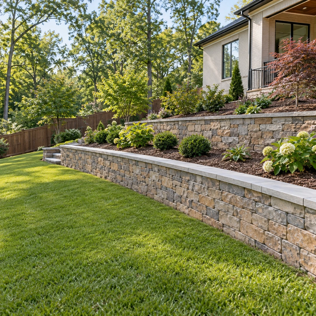 Two low masonry terraces beside a yard slope