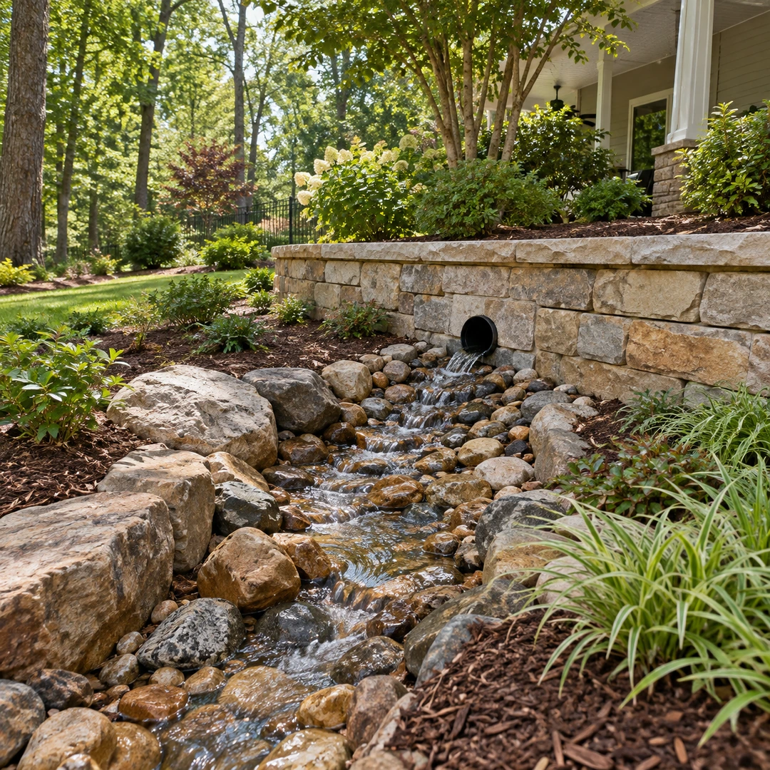 Rainwater flowing from a wall outlet through a rock lined swale