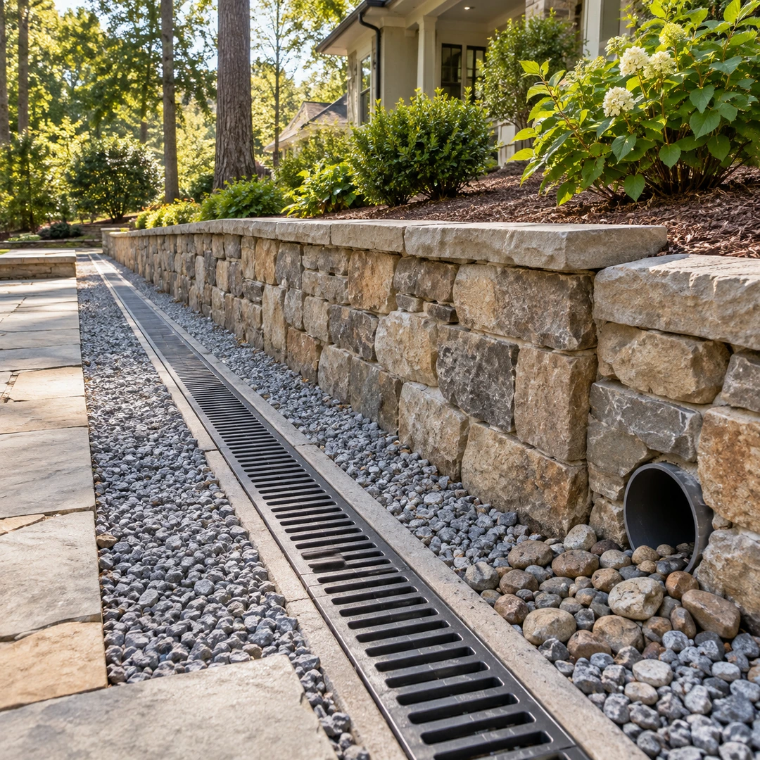 Grated surface channel drain beside a wall and separate pipe outlet