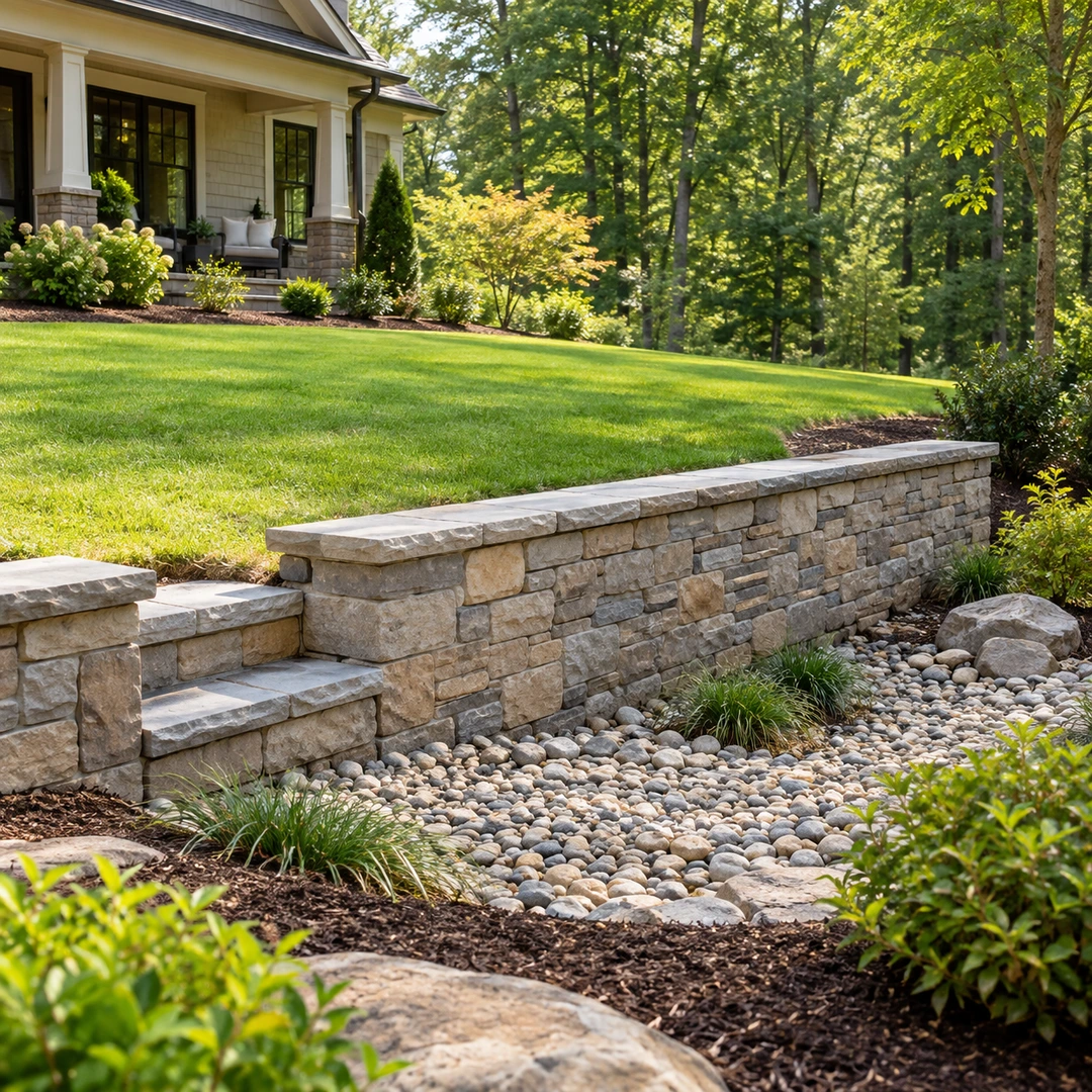 Low retaining wall beside open lawn and a stone receiving bed
