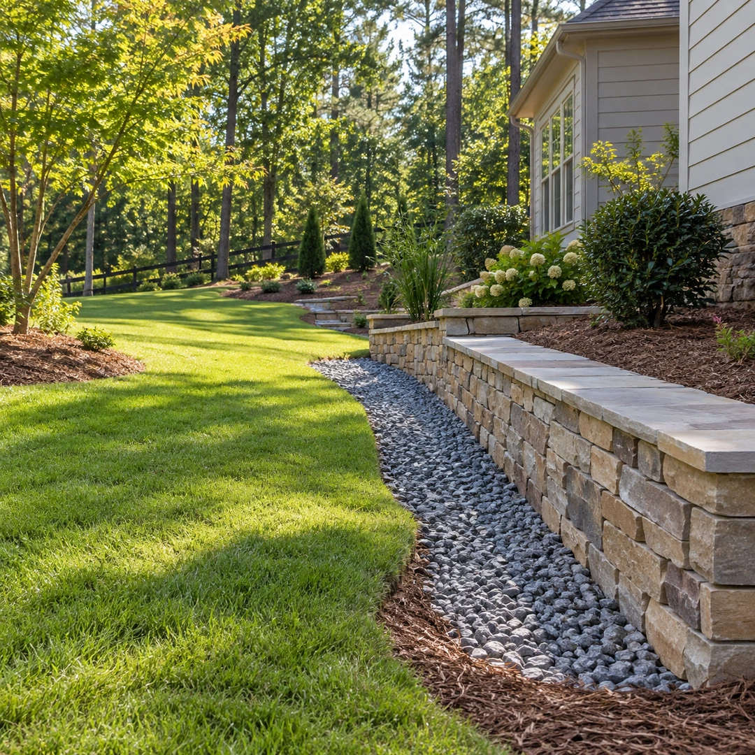 Low retaining wall beside a lawn slope and gravel drainage route