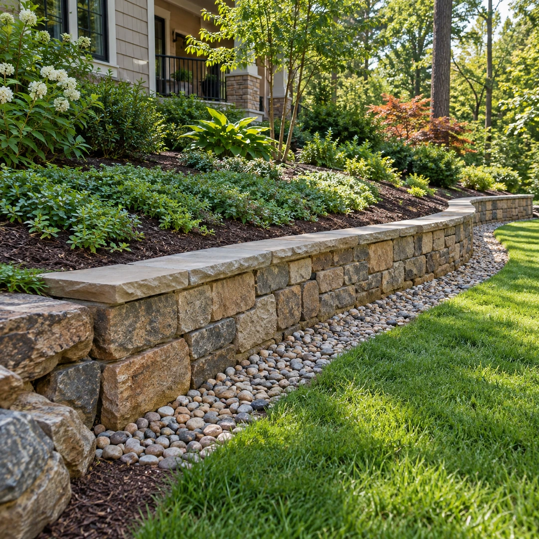 Ground cover and mulch protecting soil above a stone wall