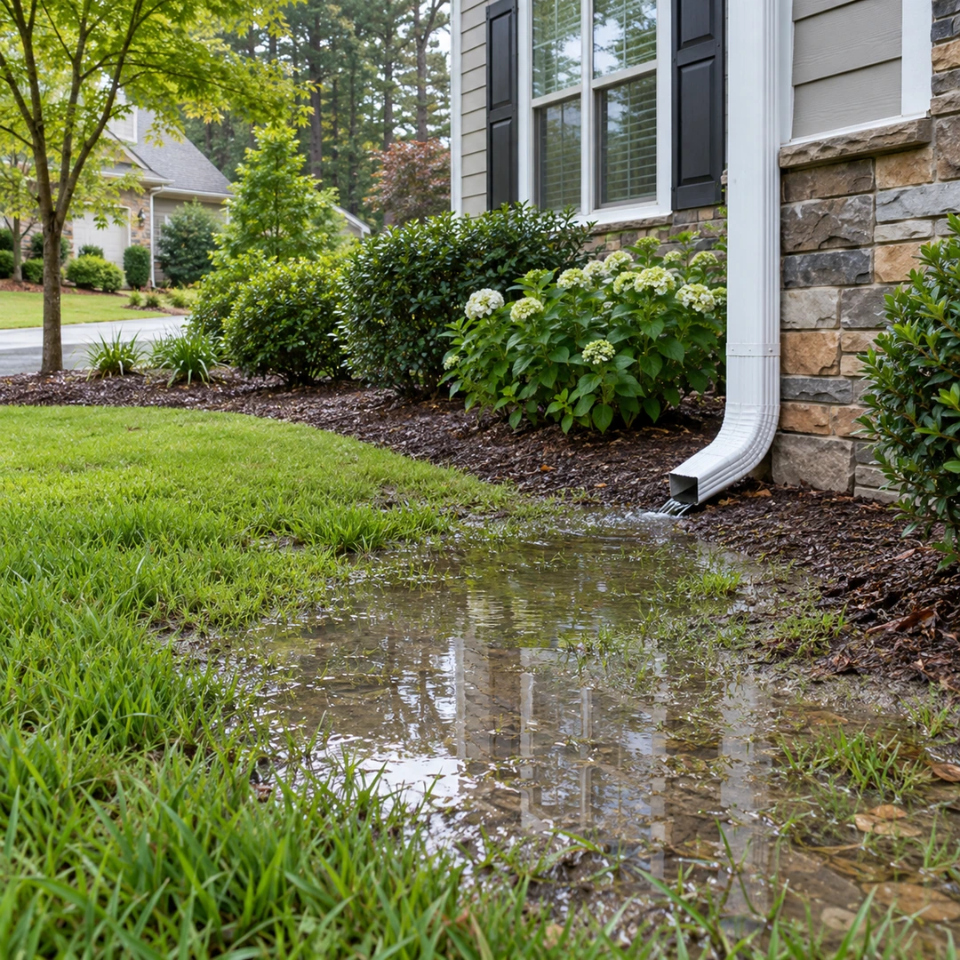 Shallow rainwater pooling beside a downspout and house