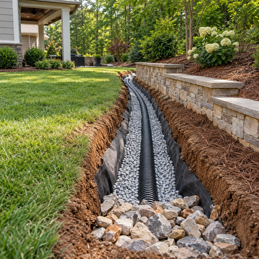 French drain trench with pipe bedded in gravel and filter fabric