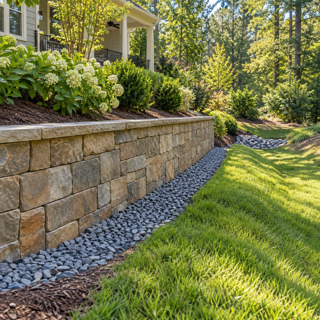 Clear gravel water route beside a finished stone wall