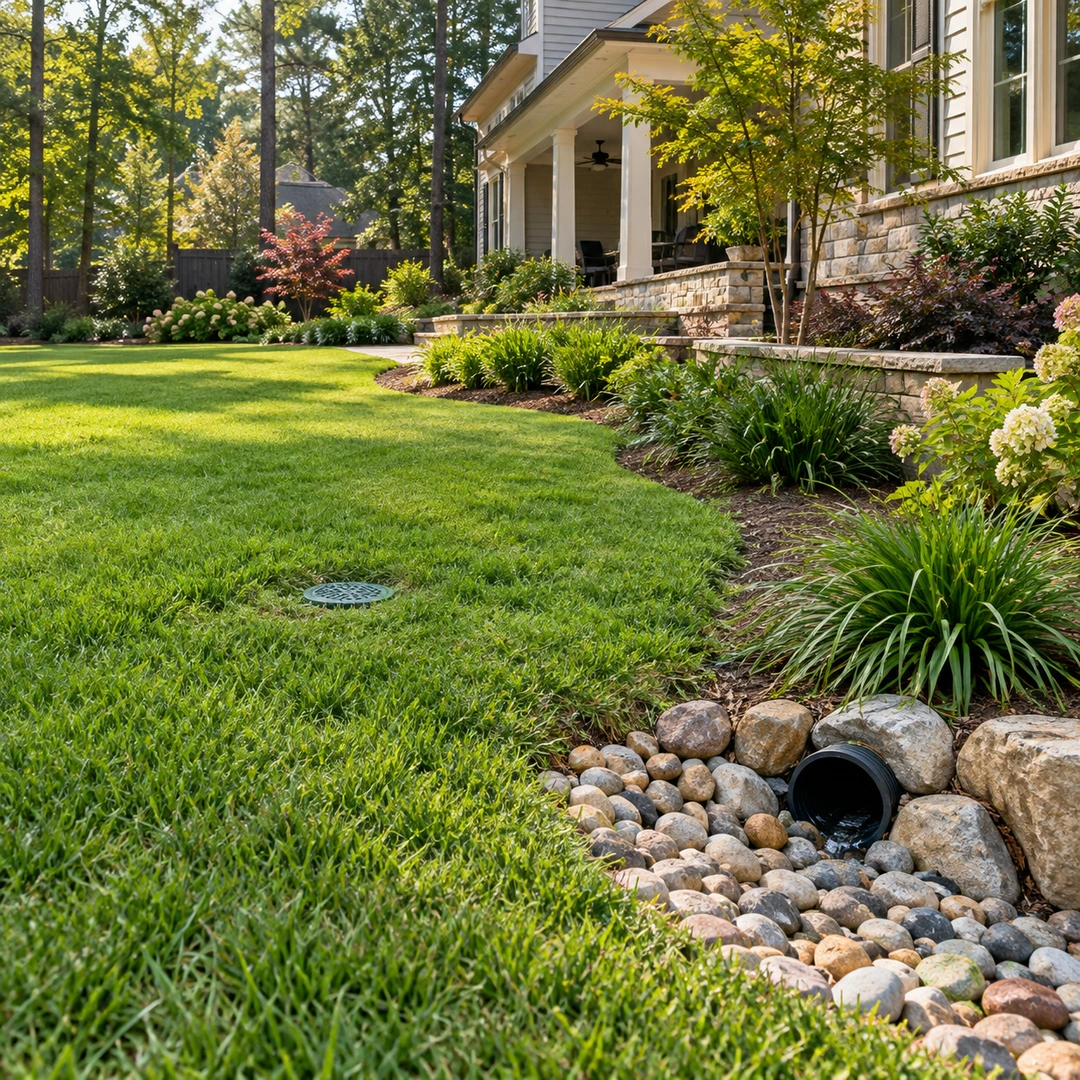 Flush lawn drain access cover near a stone protected outlet