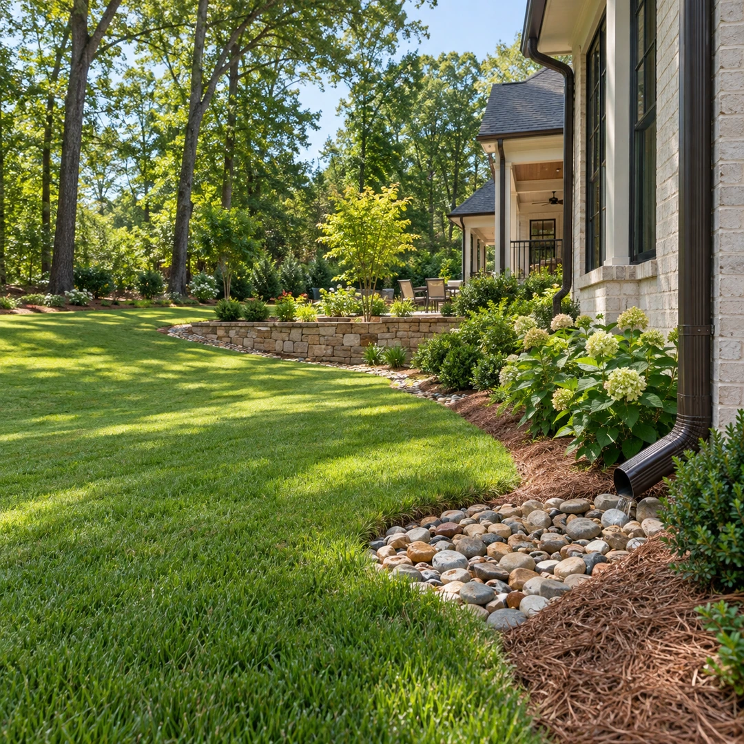 Gentle backyard grade leading toward a stone receiving area