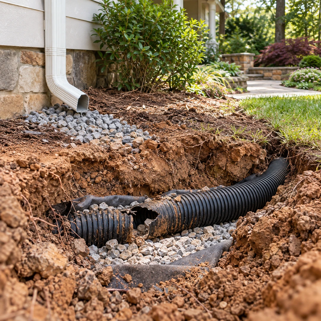 Broken corrugated drainage pipe exposed near a downspout