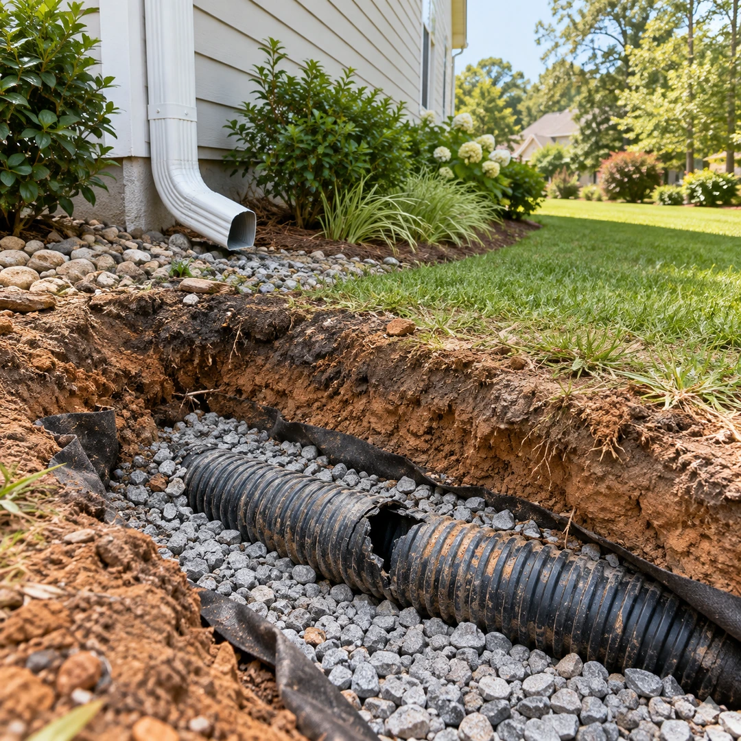 Damaged corrugated drain pipe exposed in a gravel trench beside a house