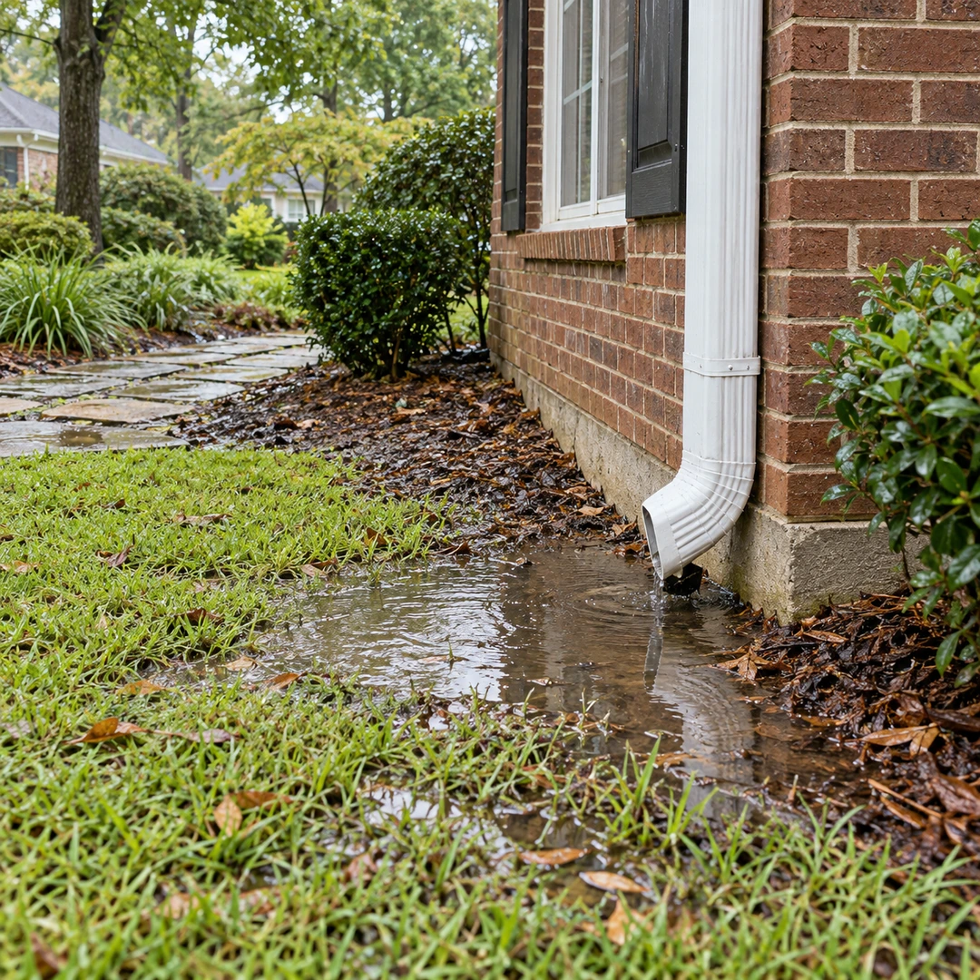 Water pooling at a downspout beside a brick foundation