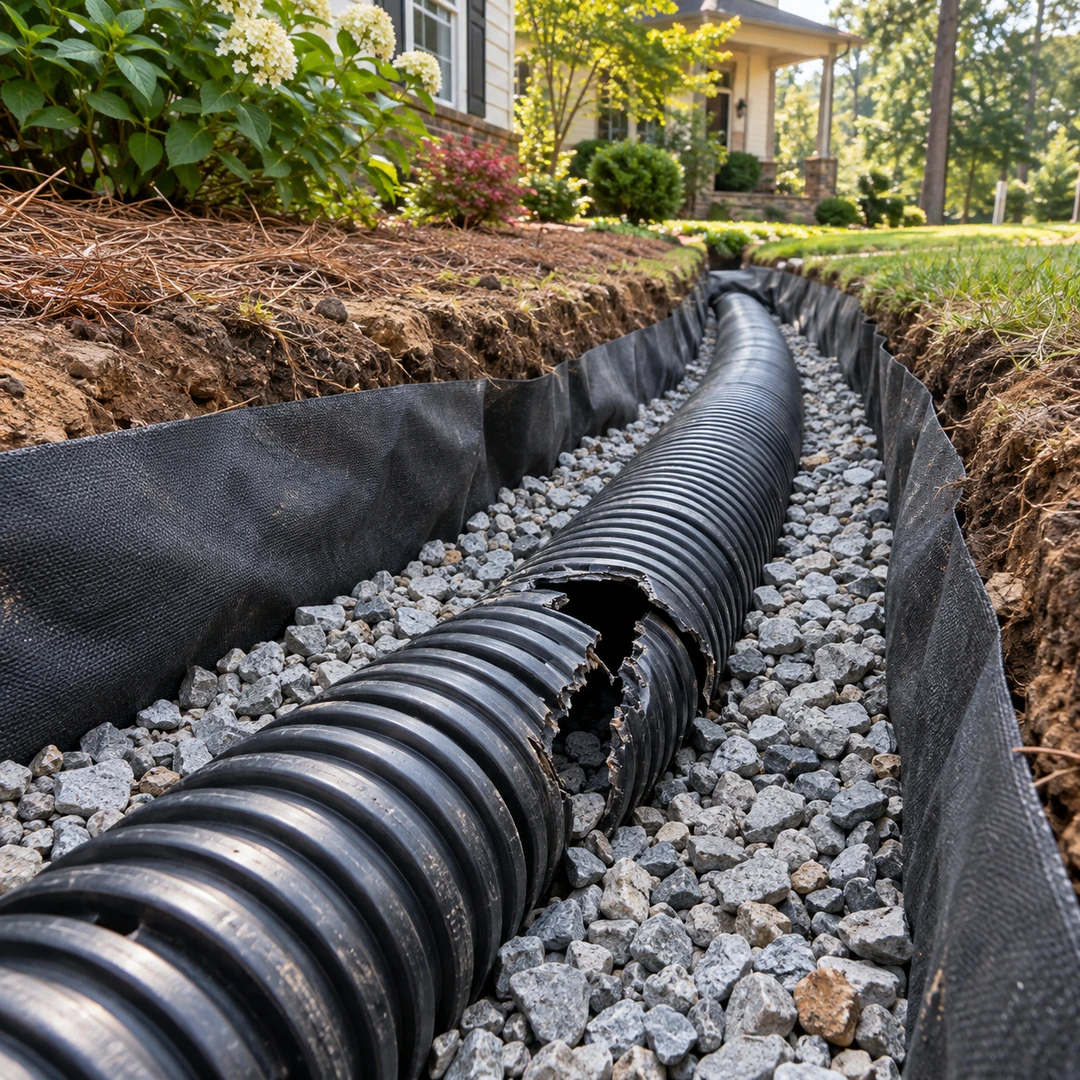 Split black drain pipe in a gravel bed lined with filter fabric
