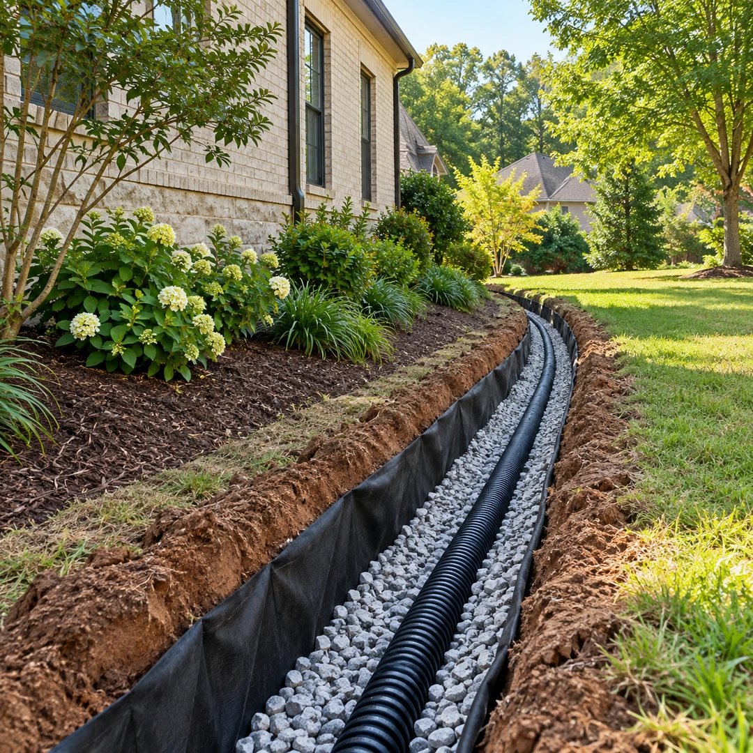 Gravel drainage trench with black pipe and filter fabric beside a house