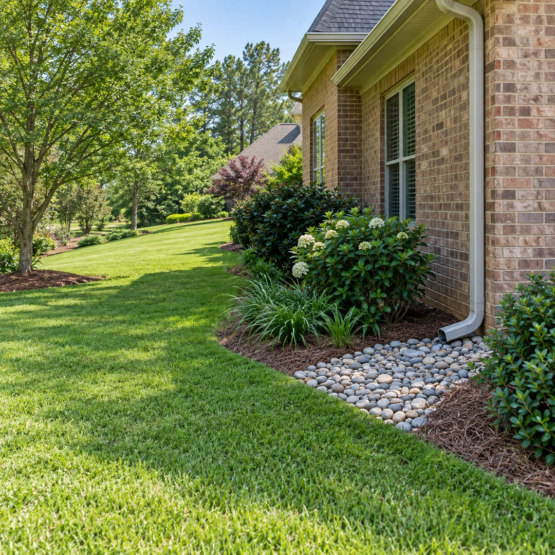 Stone drainage bed beside a downspout and gently sloping lawn