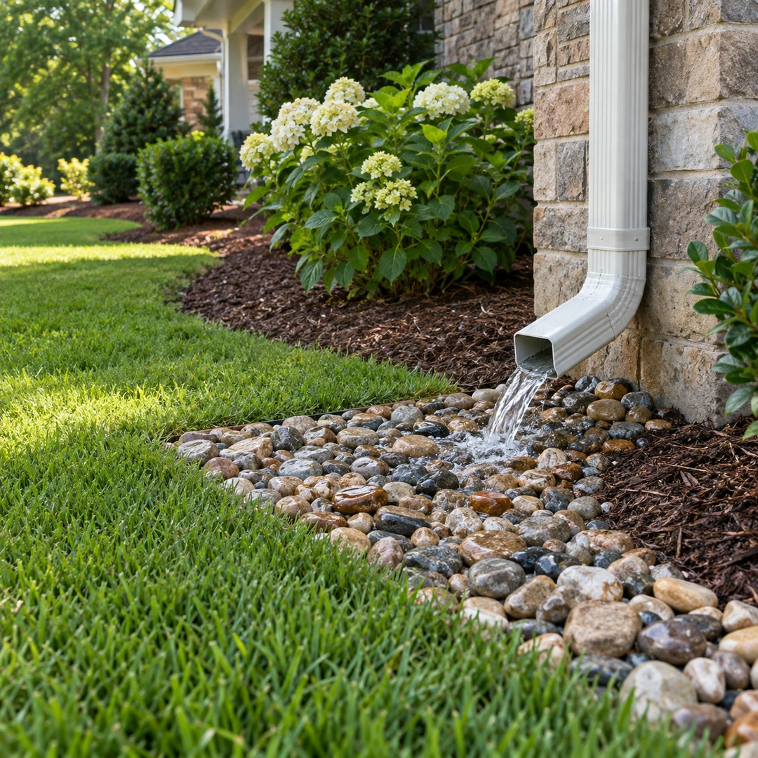 Downspout water flowing onto a stone splash bed beside a lawn
