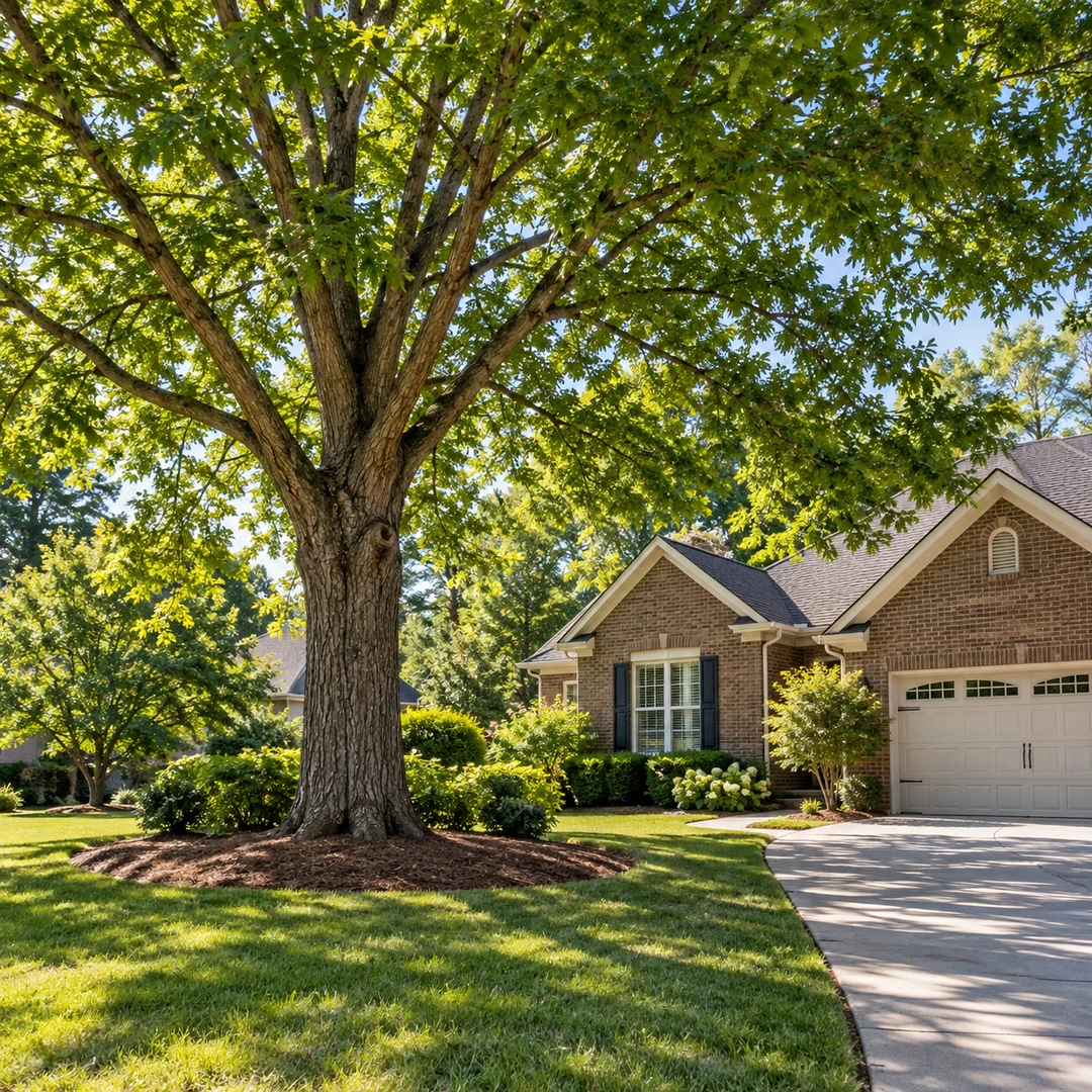 Mature shade tree beside a brick house and driveway