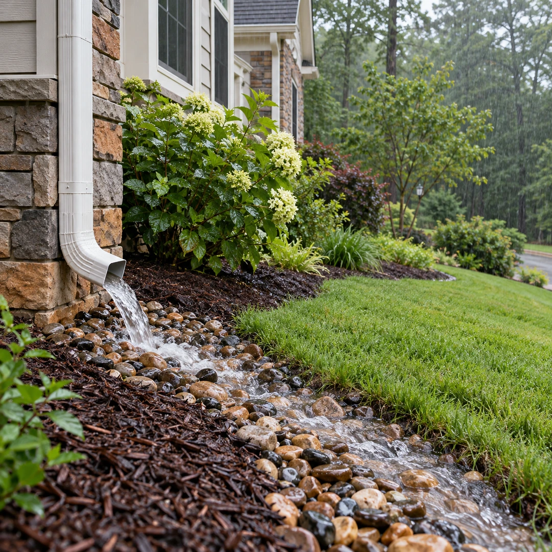 Downspout water flowing through a stone bed away from a house