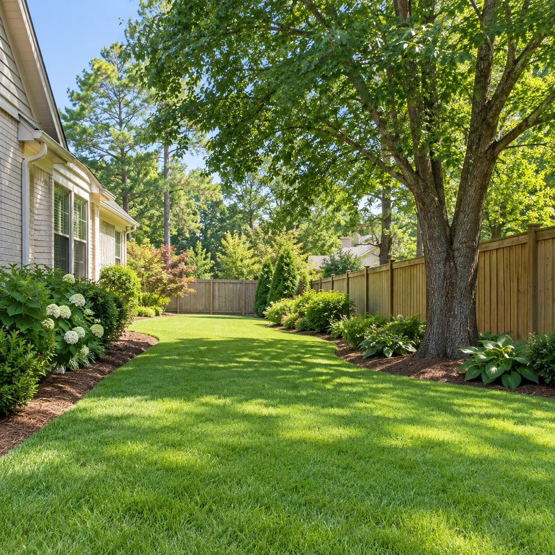 Green side yard with a mature tree beside a wooden fence