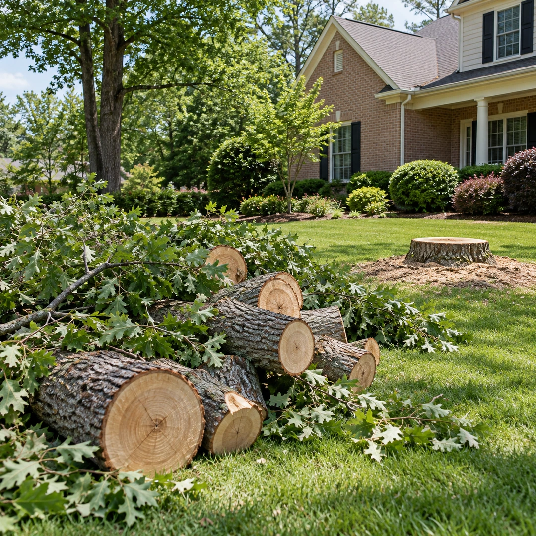 Cut trunk rounds and leafy branches beside a stump on a lawn