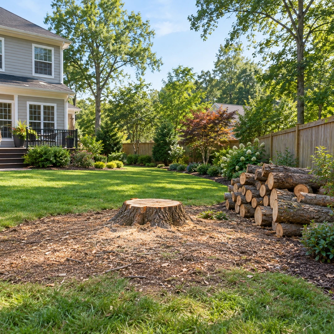 Low stump and stacked logs at the edge of a cleared lawn