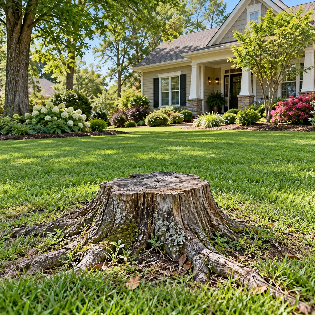 Weathered stump with surface roots in a green lawn