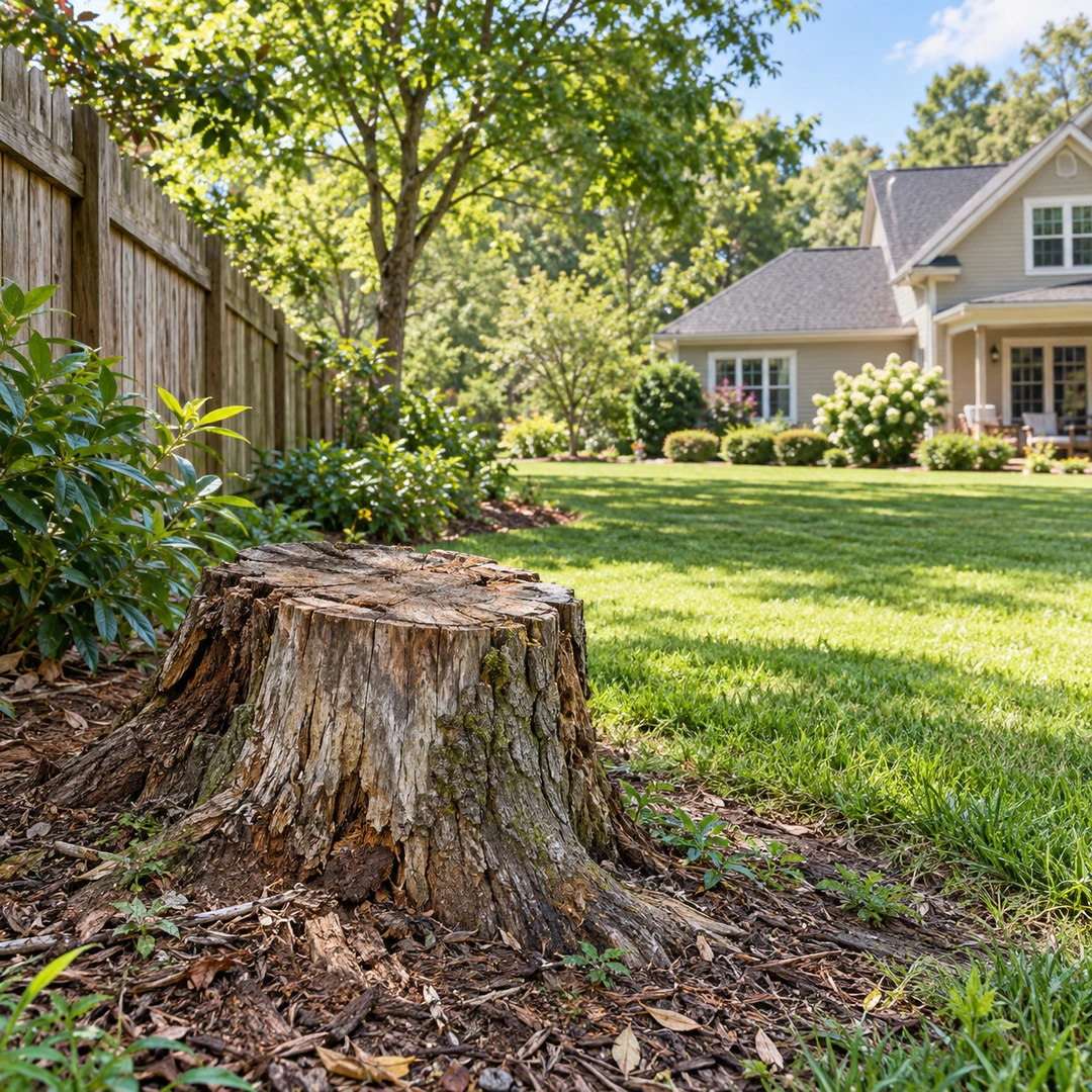 Weathered stump beside a fence and garden bed