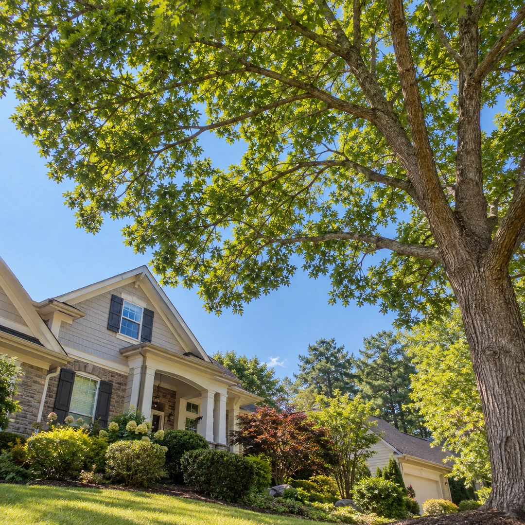 Tree canopy above a landscaped residential front yard