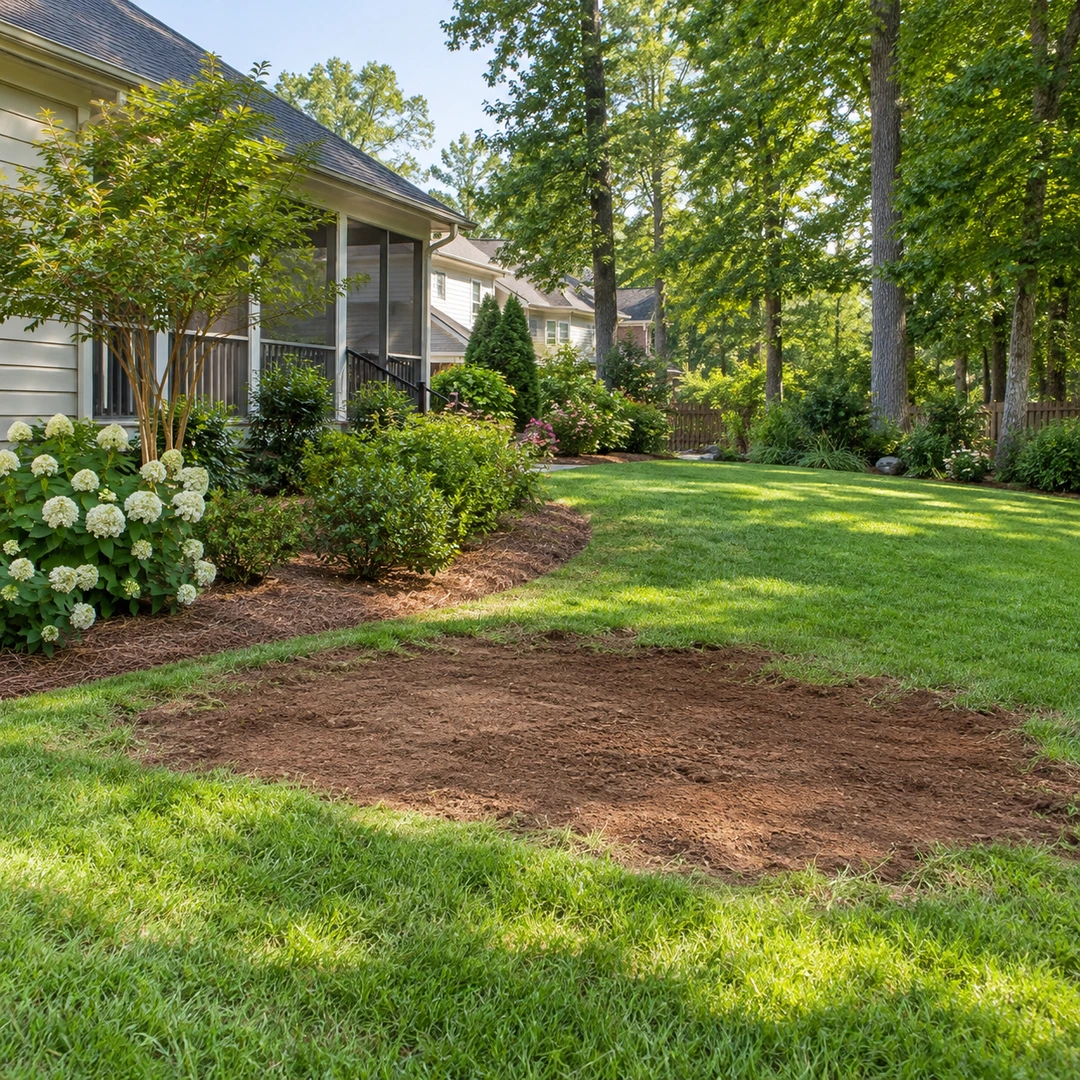 Level cleared soil patch surrounded by green lawn