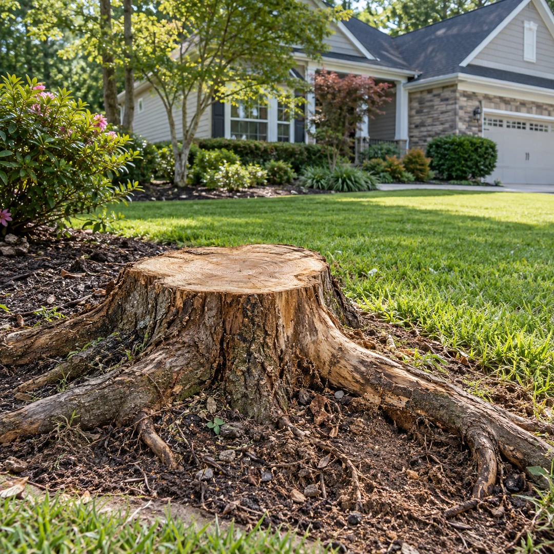 Cut stump with exposed surface roots beside a lawn