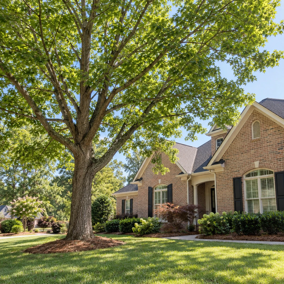 Mature shade tree with an intact canopy beside a brick house