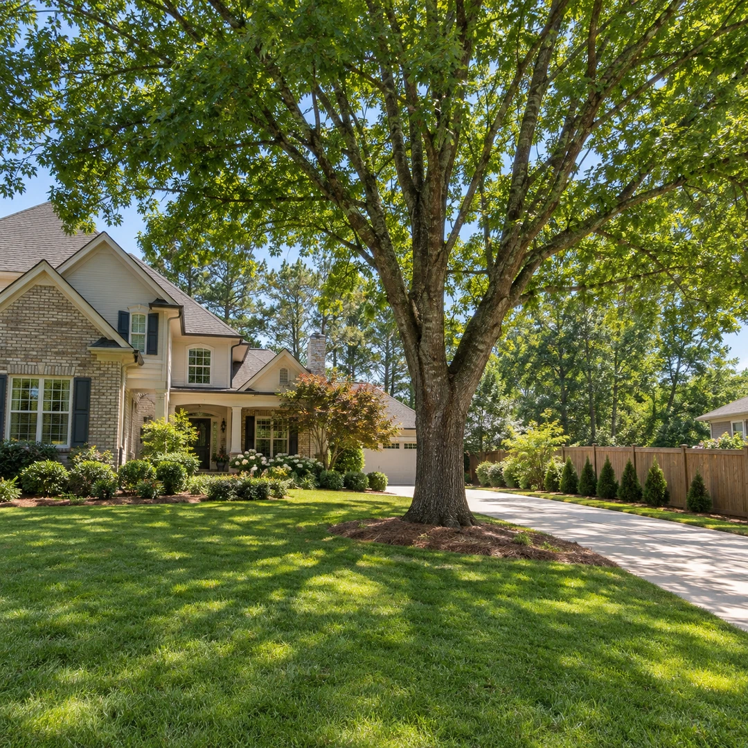 Full leafy shade tree beside a house and driveway