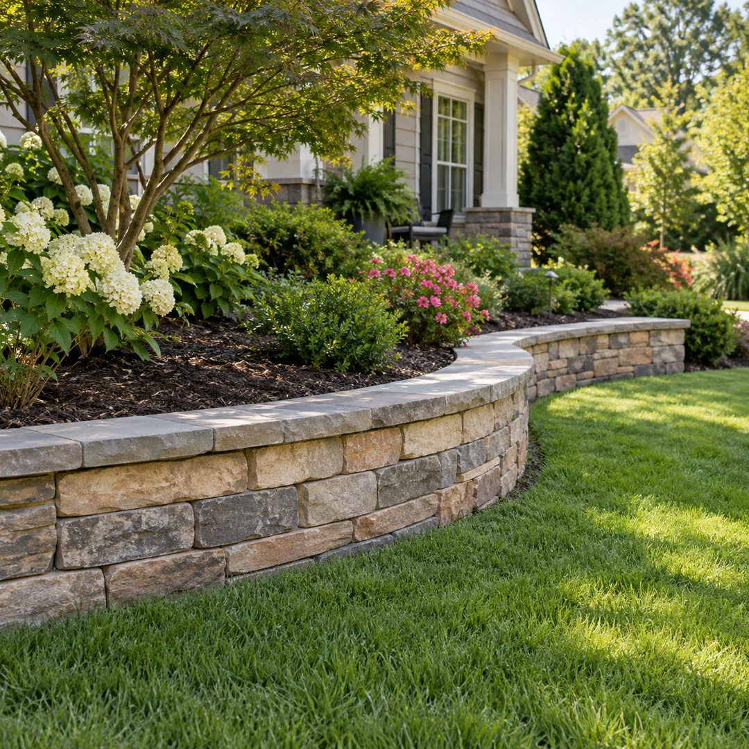 Curved low retaining wall supporting a landscaped garden bed