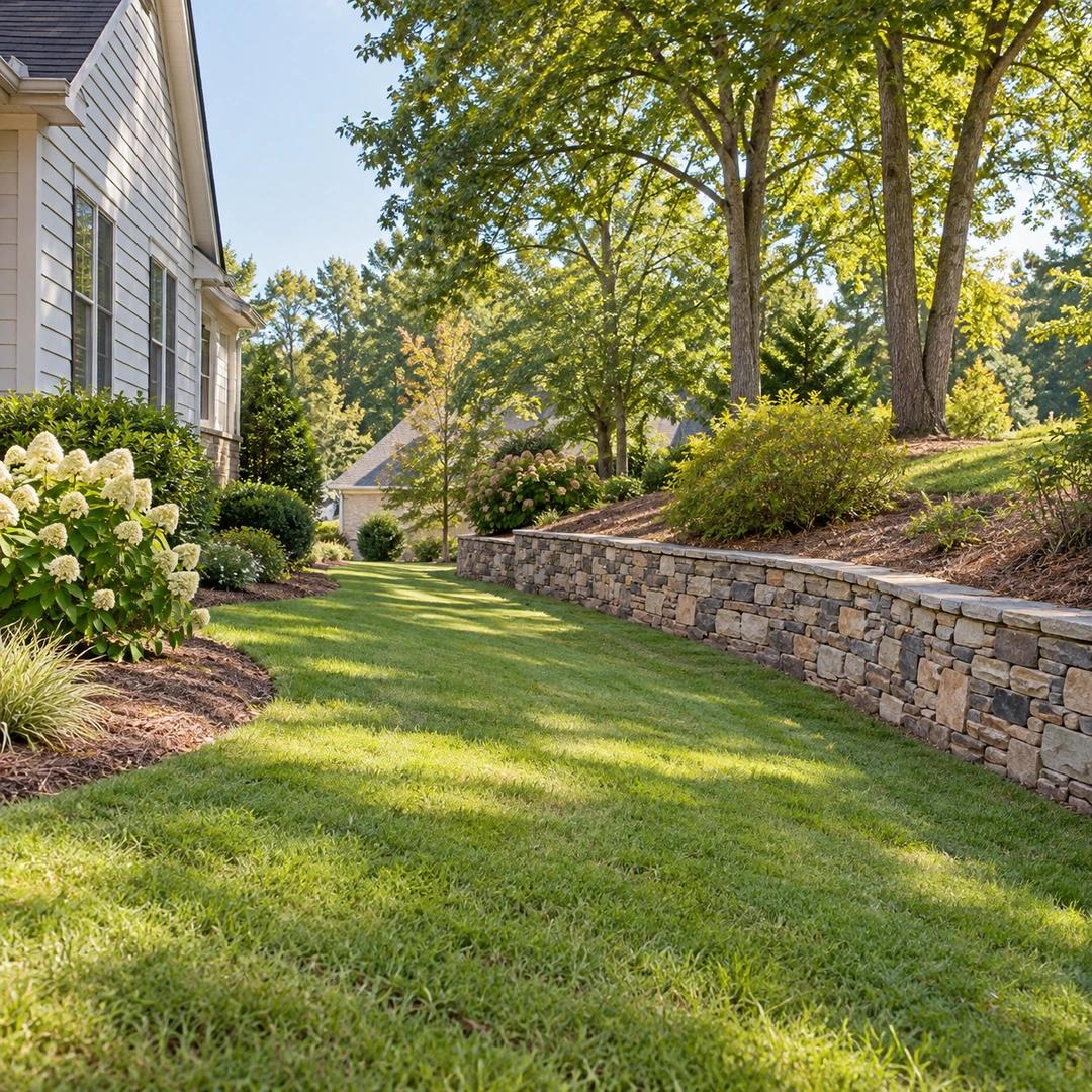 Low stone retaining wall beside a sloping lawn