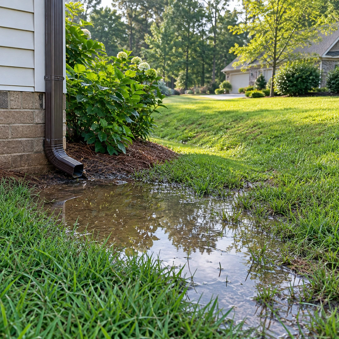 Standing water beside a downspout and house foundation