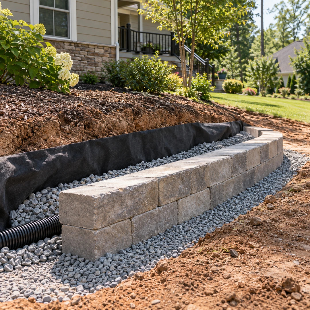 Retaining wall construction with gravel drainage and filter fabric