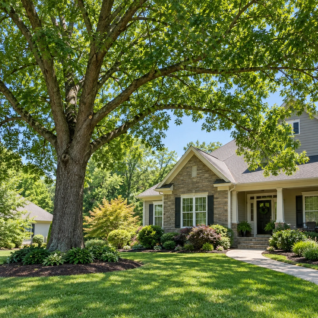 Healthy shade tree beside a garden path and house