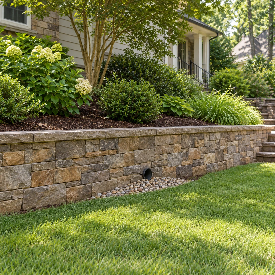 Finished retaining wall with a round drainage outlet