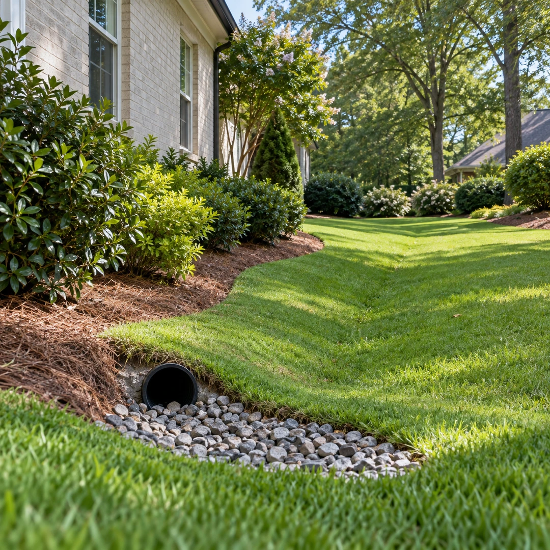 Clear drain outlet above gravel beside a grass swale