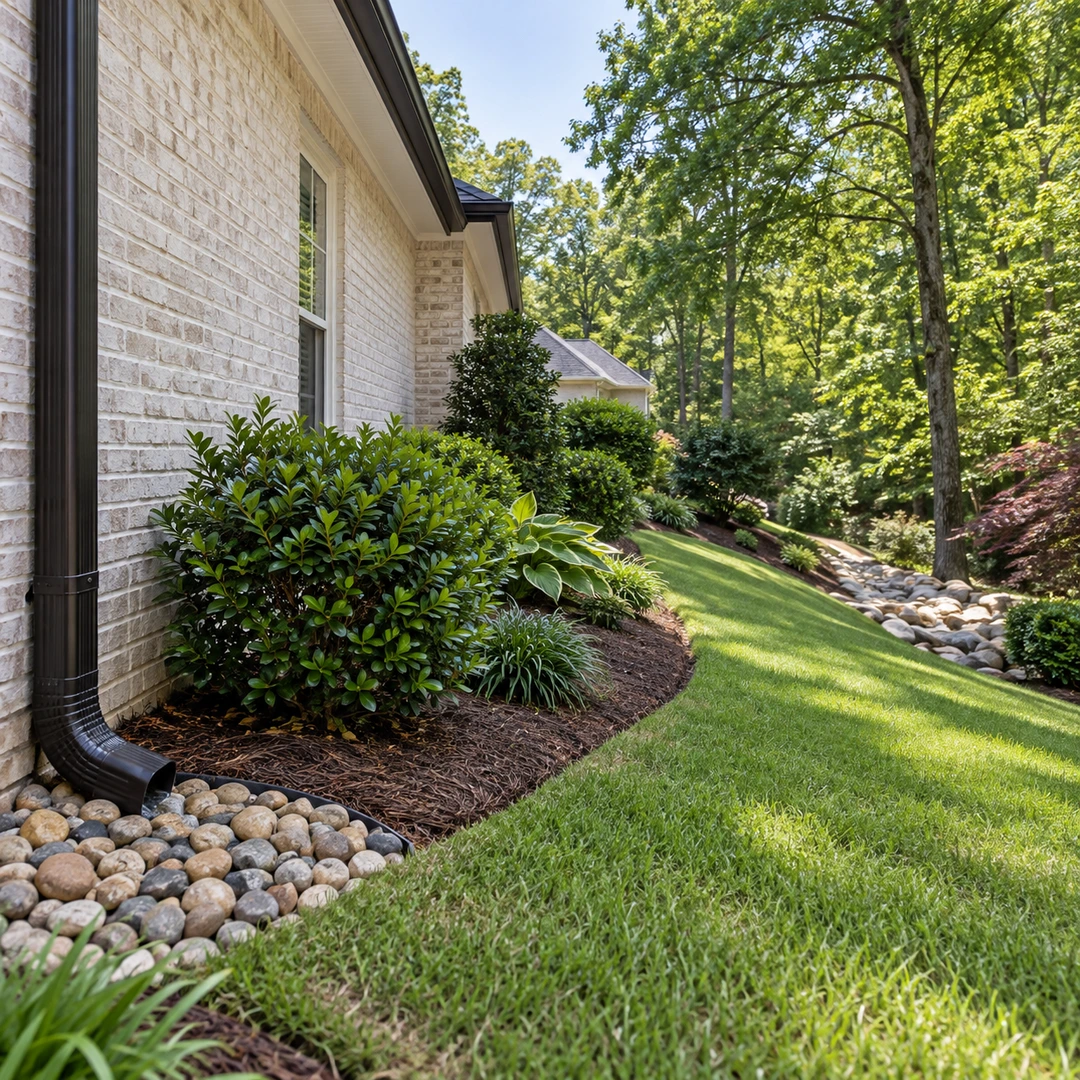 Downspout and stone receiving area beside a gently sloping lawn