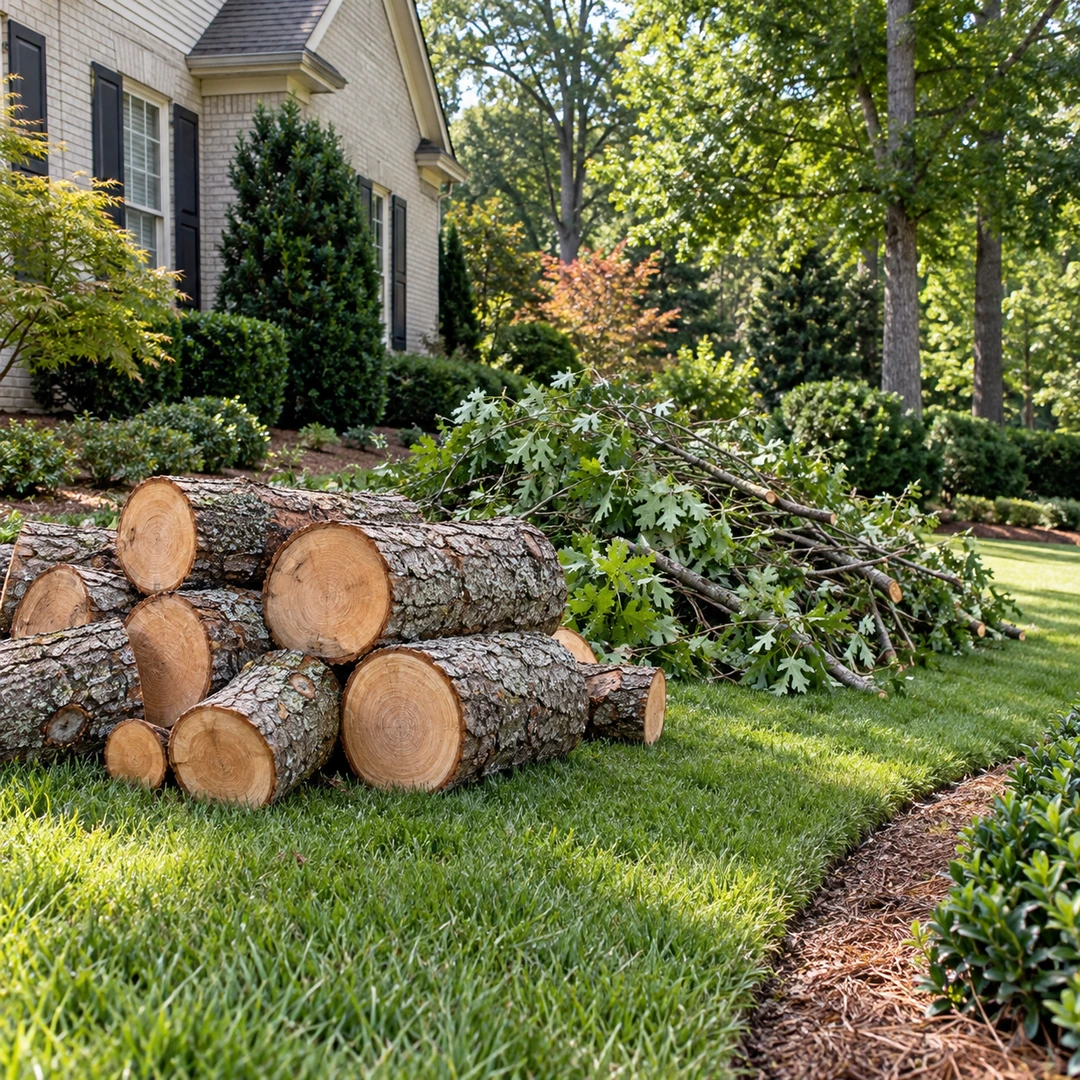 Cut trunk rounds and leafy branches grouped on a lawn