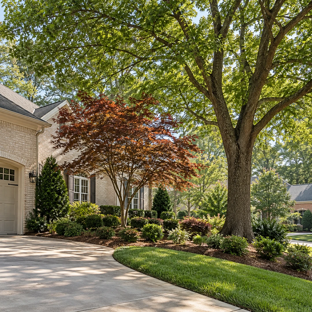 Large shade tree and smaller ornamental tree beside a driveway