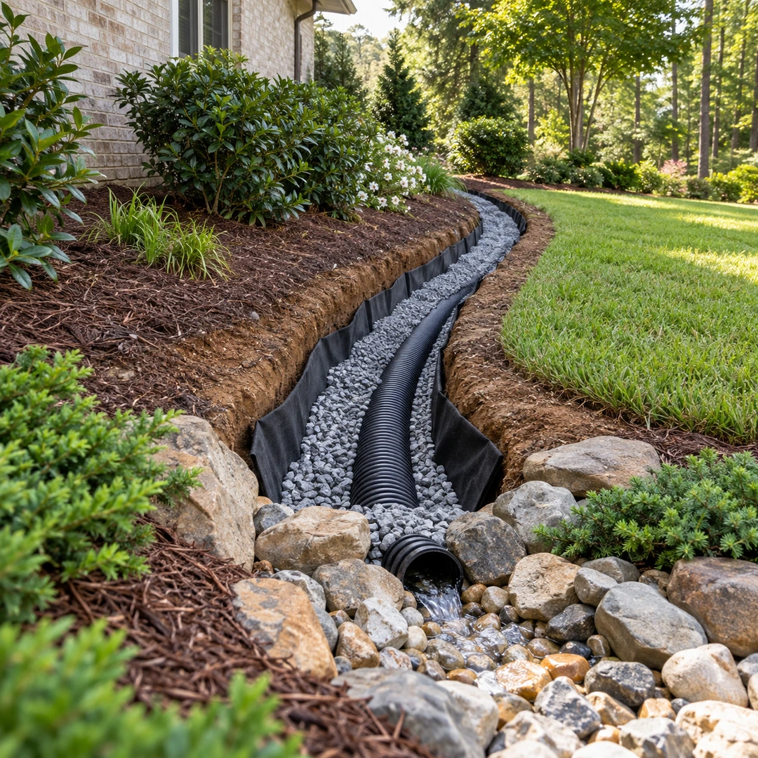 French drain trench with gravel and black pipe leading to a stone outlet