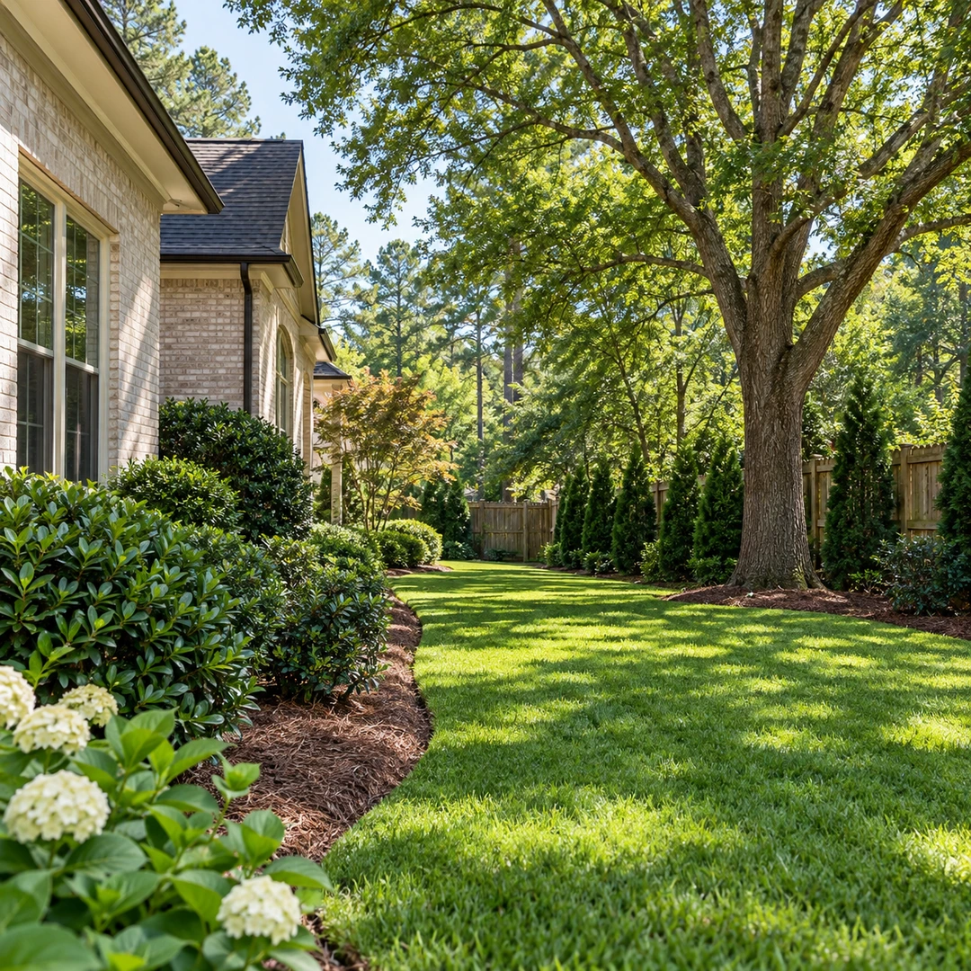 Open side lawn with a mature tree and wooden fence
