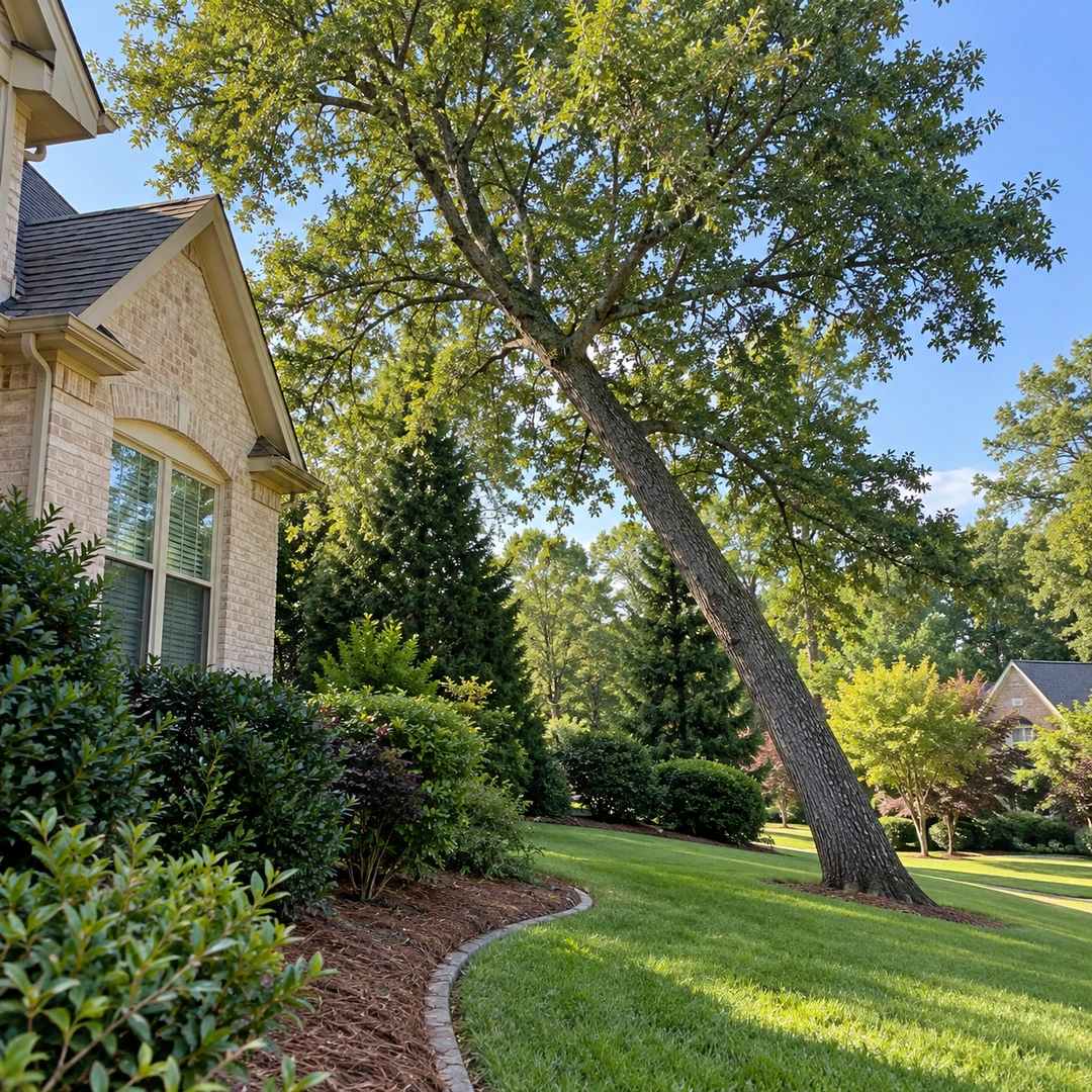 Leaning tree with an intact canopy beside a house