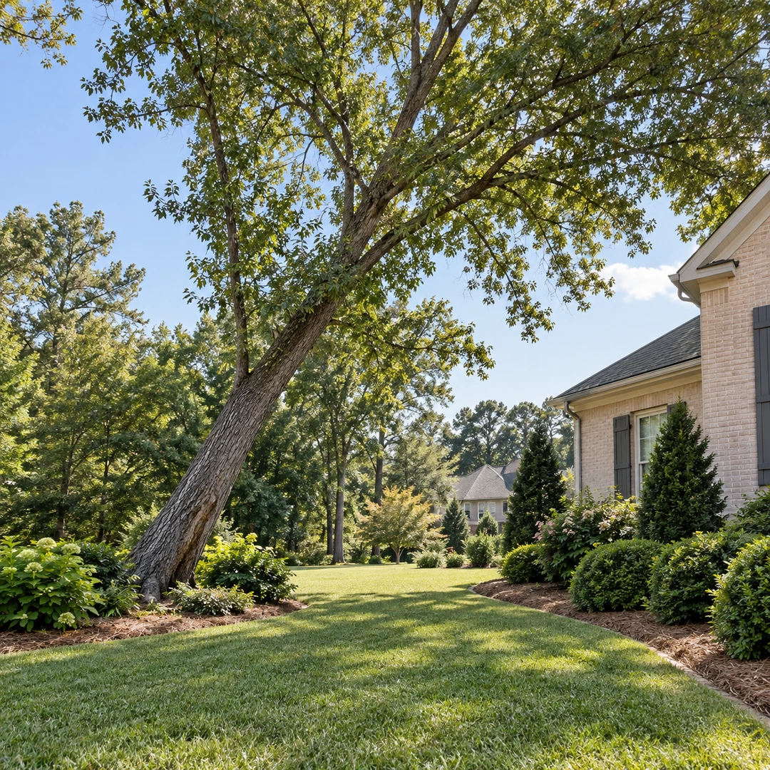 Side view of a leaning tree over an open lawn