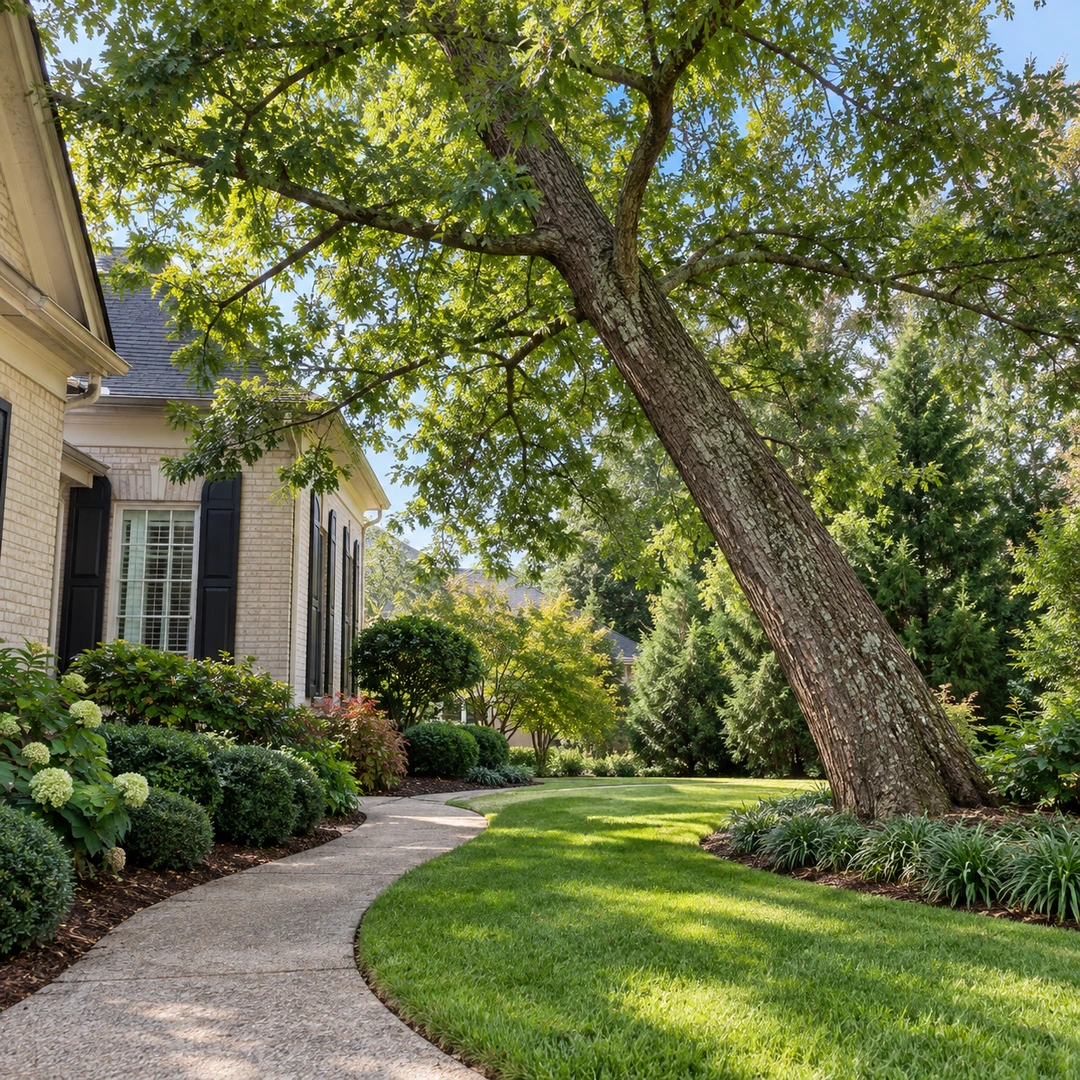 Leaning tree beside an empty garden path