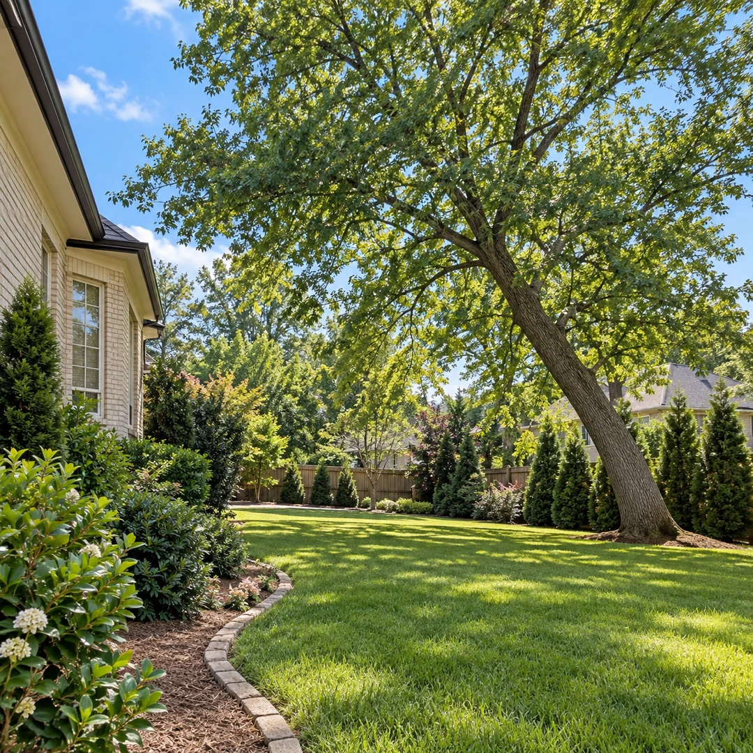 Leaning mature tree in an open residential side yard