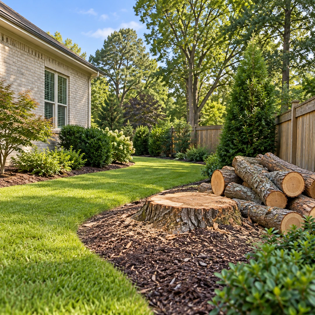 Low stump and stacked logs beside a garden fence