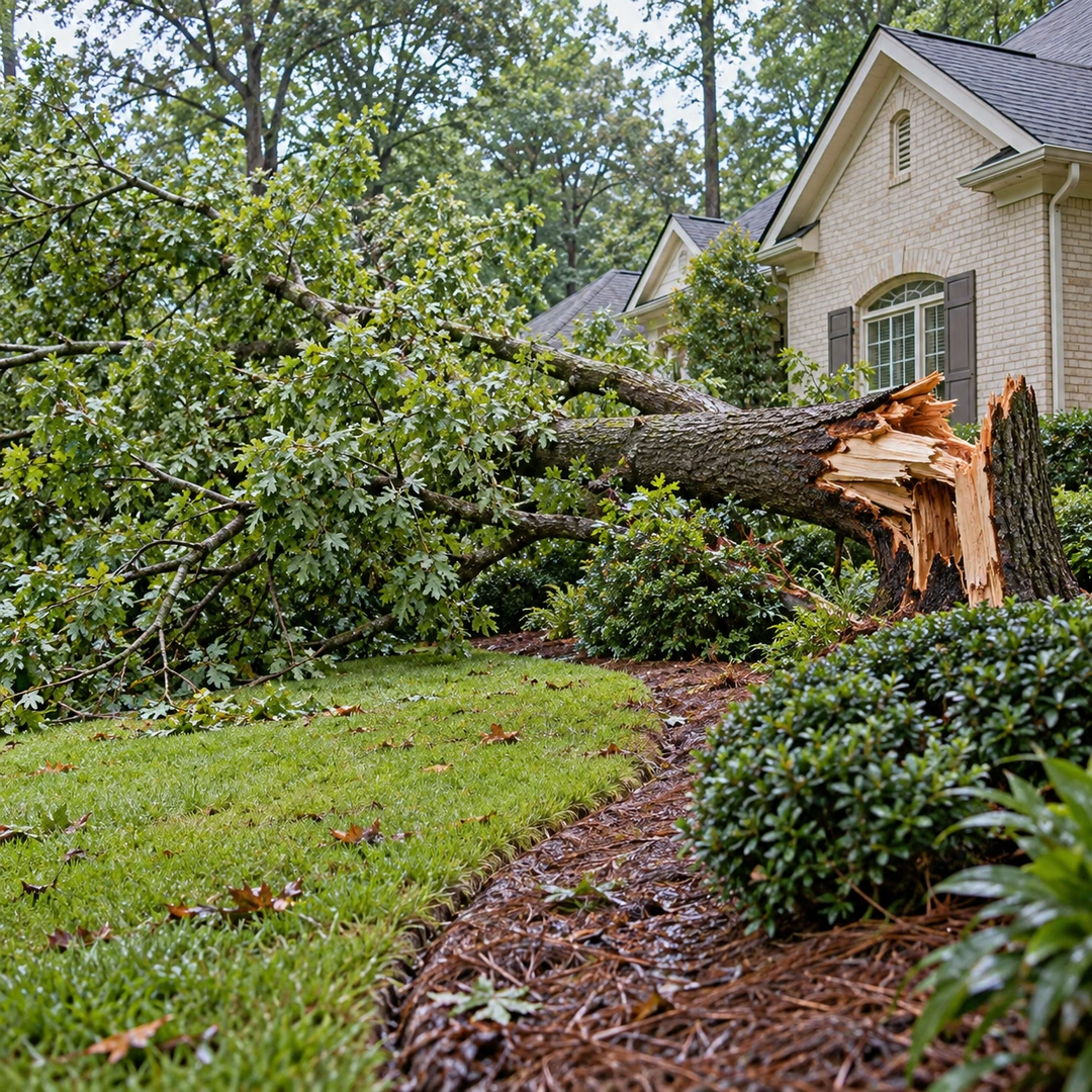 Storm fallen tree with a splintered trunk on a lawn